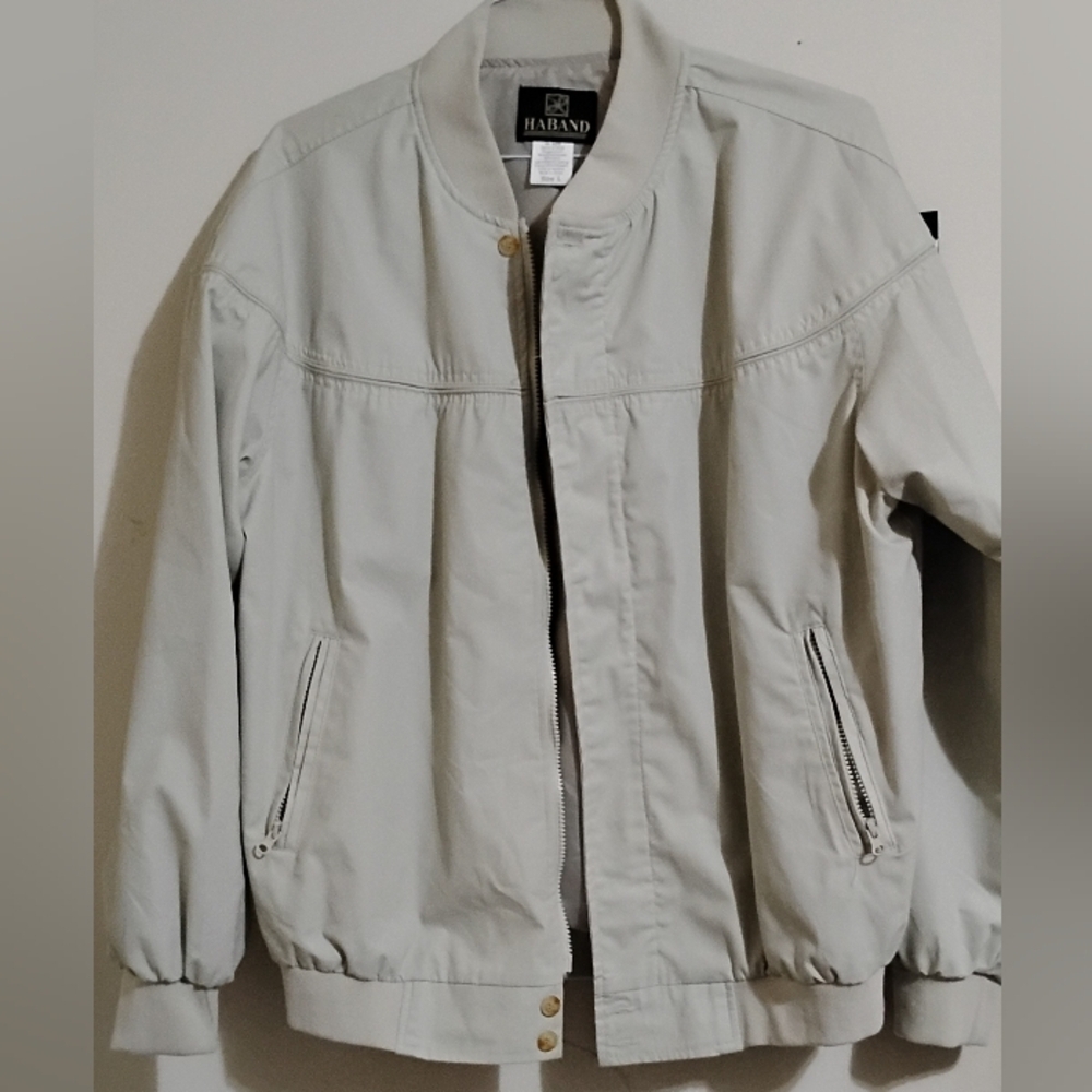 Haband Bomber Jacket Mens Size L Tan Khaki Full Zip Pockets Casual